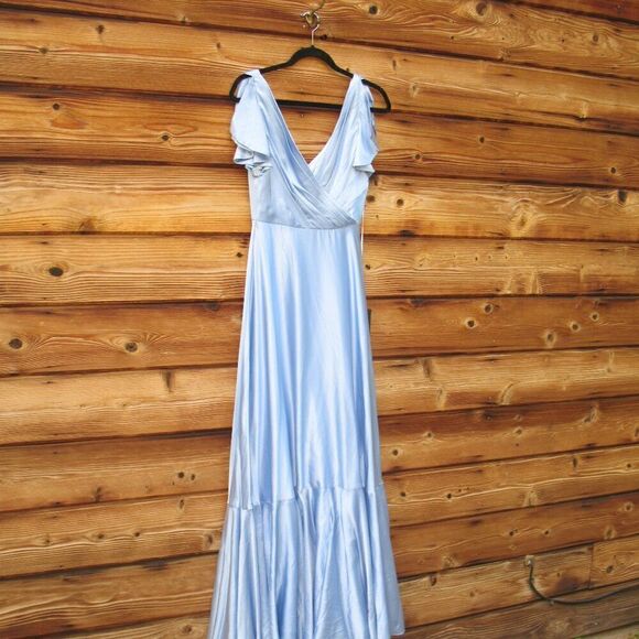 NWT Mac Duggal FLOUNCE SLEEVE SATIN GOWN Missing Belt - Picture 8 of 15